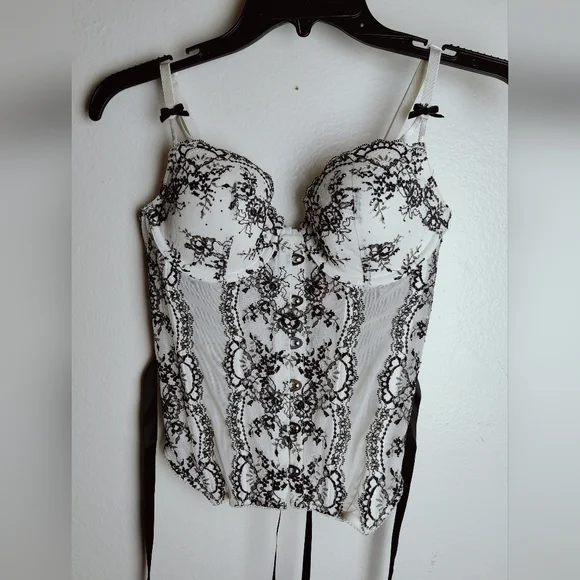 Victoria's Secret Y2K White Black Lace Corset Metal Hardware Front Closure, 34C